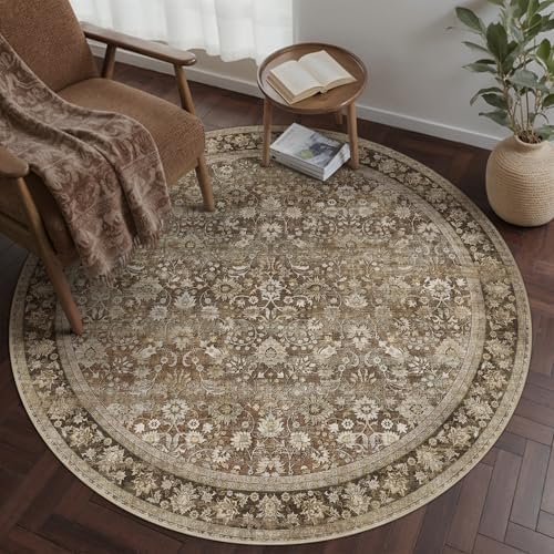 HUGEAR 4ft Round Brown Vintage Floral Washable Rug for Living Room by HUGEAR