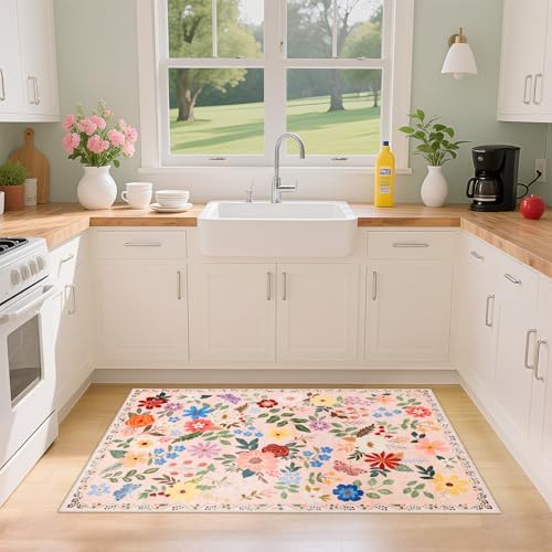 PLHXFR 2x3 Small Entryway Rug: Floral Washable Indoor Soft Carpet Beige - Image 4