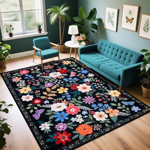 PLHXFR 6x9 Area Rug Living Room: Floral Washable Boho Soft Carpet Black by PLHXFRSoftAreaRugs