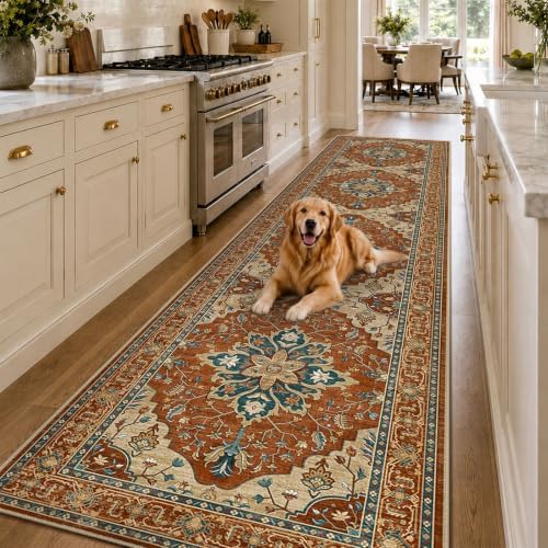 RELEANY Washable Area Rug, Runner 2'6"x10', Red/Orange/Blue/Brown by RELEANY