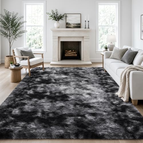 Ophanie Tie-Dyed Black & Grey Area Rugs 8x10 for Bedroom Living Room, Fluffy Shag Fuzzy Carpet, Plush Shaggy Rug, Indoor Carpet for Kids Boys Dorm Home Decor Aesthetic, Nursery with 99 pcs Pile fibers by Ophanie