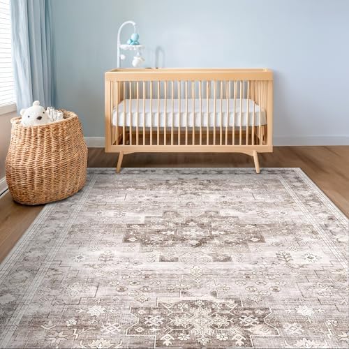Washable Neutral Farmhouse Large Entryway Rug, 3x5 Area Rugs for Kitchen, Bedroom, Laundry Room, Nursery Room, Boho Vintage Floral Non-Slip Throw Rug Low Pile Stain Resistant (3x5 Beige/Latte) - Image 6