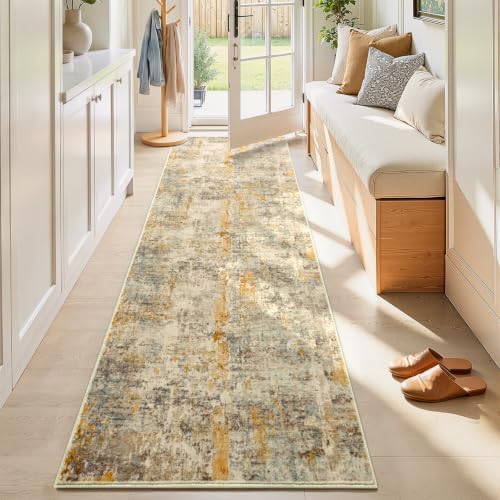 3x8 Beige Rug Runners for Hallways Kitchen Runner Rug Non Slip Washable Black Long Runner Rugs with Rubber Backing Soft Abstract Carpet Runner for Bedroom, Kitchen, Bathroom, Entryway by OmpaaHomeDecor