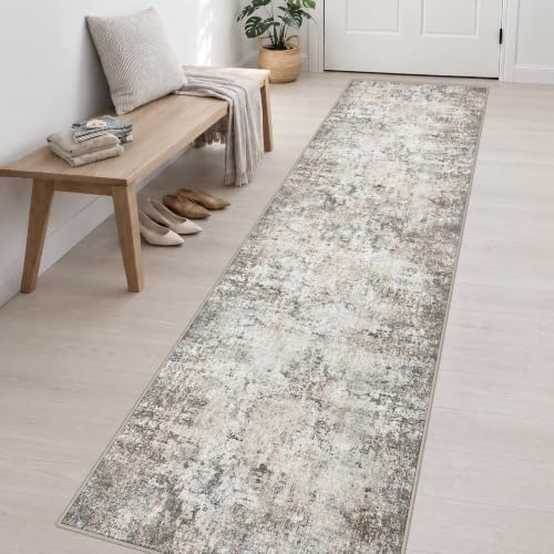 2.6x14 Washable Runner Rug:Modern Abstract Indoor Soft Carpet Brown - Image 3