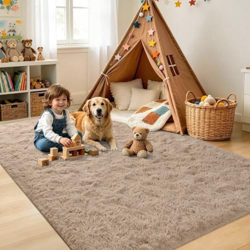 4x6 Beige Fluffy Soft Area Rug Non-Slip for Bedroom Living Room Playroom - Image 4