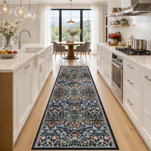 PLHXFR 3x10 Washable Runner Rug：Floral Indoor Kitchen Carpet Dark Black by PLHXFRSoftAreaRugs