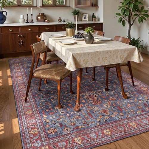 Washable Area Rug 5' x 7' Vintage Traditional Persian Mat - Foldable Distressed Non-Slip Machine Washable Carpet for Living Room Bedroom Kitchen Home Decor - Indigo and Crimson - Image 3