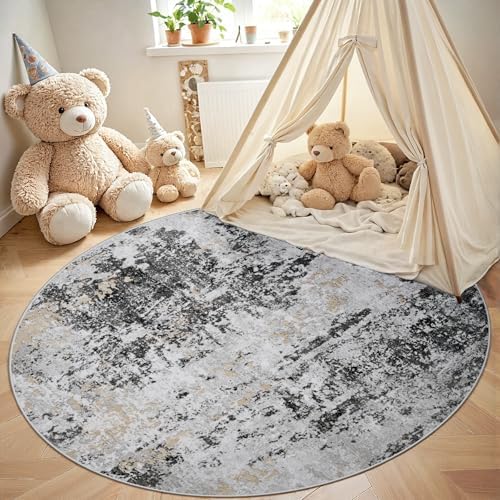 Round Rug 6ft Washable Rug for Dining Room Living Room Black Grey Gold - Image 4