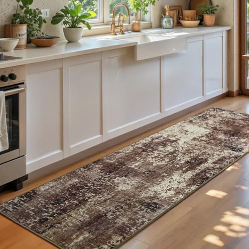 Runner Rug for Kitchen Coffee Hallways Runner Rug Non Slip 2'6''x8' Washable Brown Long Runner Rugs with Rubber Backing Soft Abstract Carpet Runner for Entryway, Kitchen, Bedroom, Bathroom - Image 2