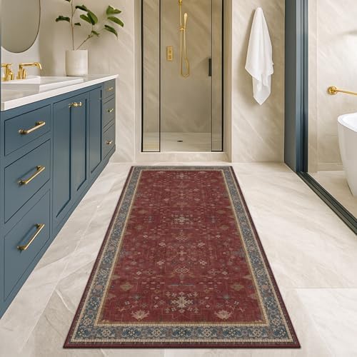 2x6 Turkish Kitchen Runner Rugs Non Skid Washable - Washable Rug for Hallway, Bedroom Bedside, Bathroom, Laundry Room, Hallway, Non Slip with Rubber Backing, Oriental Dark Red Kitchen Accessories - Image 3