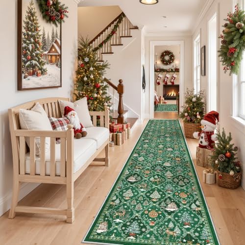 Madane Christmas Runner Rugs for Hallway 2x10, Green Washable Kitchen Rug by Madane
