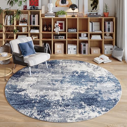 Blue Round Area Rugs 4ft Washable Circle Rug for Entryway Kitchen, Non Slip Soft Low Pile Stain Resistant, Boho Circular Carpet for Living Room Bedroom Dorm Dining Room Table, Abstract Navy by Acapet