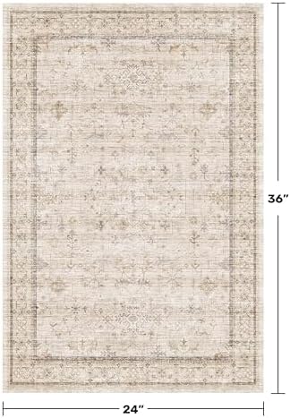 Farmhouse Bathroom Rug 2x3 Beige, Machine Washable Small Non Slip Indoor Entryway Area Rug, Low Pile Thin Neutral Vintage Design for Bedside, Kitchen - Image 2