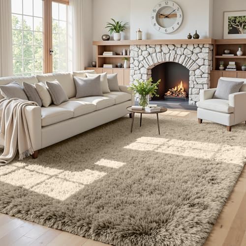 5x7 Fluffy Shag Area Rugs for Living Room Bedroom: Soft Carpet Gray Camel by CarpetAddColortoYourLife