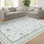 Hazo Haus Cream Oushak 6x9 Bedroom Rug - Boho Floral Cool Blue and Green, Washable Low Pile Non-Slip Ultra-Thin Large Area Rugs for Bed Room, Living Room, Playroom - Image 6