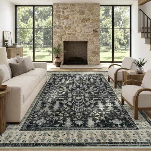 9x12 Area Rug for Living Room, Non-Slip Washable Large Carpet, Black Brown by Lofus