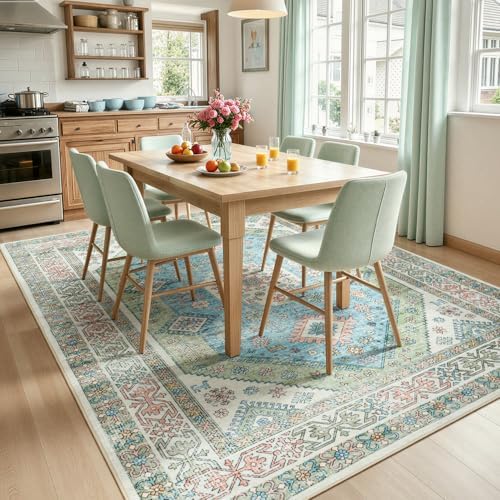 Lofus Living Room Rugs 5x7, Boho Sage Green and Light Blue Washable Carpet - Image 3