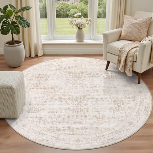 Round Area Rug for Living Room: 6ft Boho Washable Rug Beige Brown - Image 2