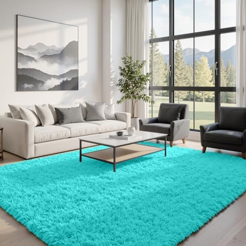 8x10 Fluffy Shag Area Rugs for Living Room Bedroom: Soft Carpet Teal Blue - Image 3