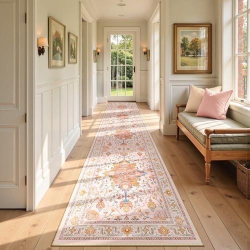 RELEANY Washable Area Rug, Runner 2'6"x12', Pink/Light Pink/Colorful by RELEANY