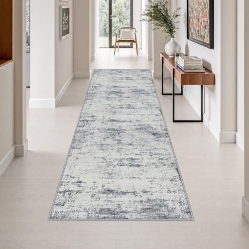 3x10 Washable Runner Rug：Modern Abstract Soft Carpet Blue Grey by FXRHLP
