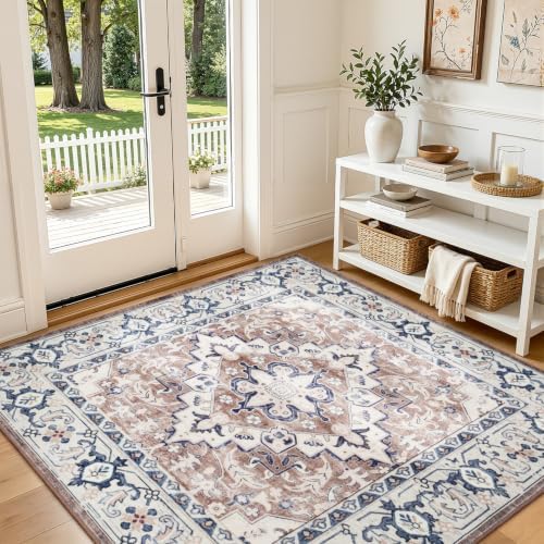 Lofus 4'x4' Square Washable Area Rug, Vintage Boho Floral Brown Carpet - Image 3
