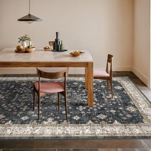 Hazo Haus Boho Dining Room Rugs for Under Table - 7x9 Washable Black Area Rug for Living Room, Low Pile Non-Slip Rugs for Bedroom Under Bed - Charming Farmhouse Decor & Stain Resistance - Black/Multi by HazoHaus