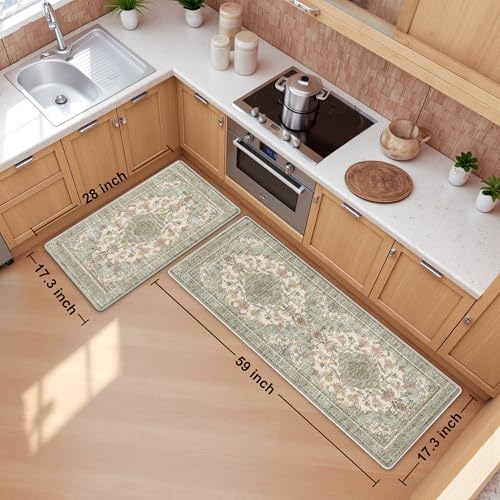 Boho Kitchen Mats for Floor 2PC Anti Fatigue Kitchen Rugs, Green Beige - Image 2