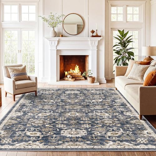 Amada 6x9 Washable Area Rug for Dining Room, Blue/Brown, Vintage Pattern by AMADAHOMEFURNISHING