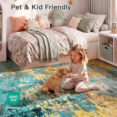 9x12 Area Rug for Living Room, Abstract Washable Large Rugs, Teal/Orange - Image 5