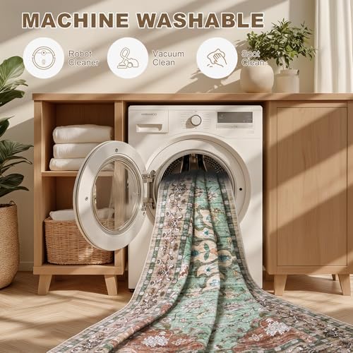 Round Area Rug for Living Room: 4ft Boho Washable Rug Brown Green - Image 7