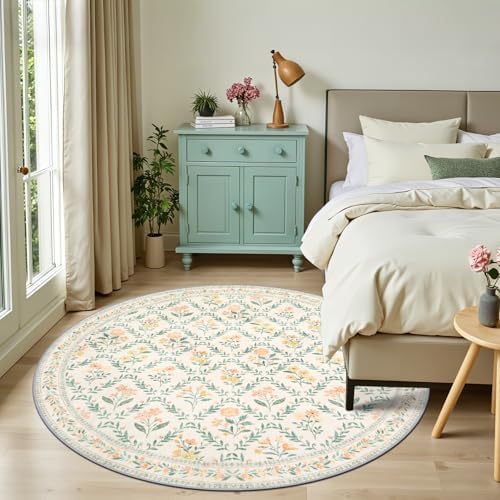 PLHXFR Round Area Rug Living Room: 6 ft Floral Washable Carpet Beige Multi - Image 3