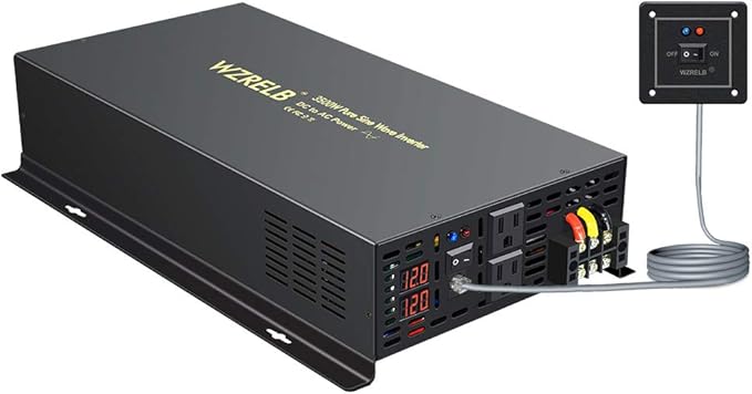 WZRELB 3500W 12VDC 120VAC Pure Sine Wave Power Inverter, 2 AC Outlets, Wired Remote Control, RV (RBP-350012WR)