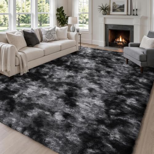 Ophanie Tie-Dyed Black & Grey Area Rugs 8x10 for Bedroom Living Room, Fluffy Shag Fuzzy Carpet, Plush Shaggy Rug, Indoor Carpet for Kids Boys Dorm Home Decor Aesthetic, Nursery with 99 pcs Pile fibers - Image 3