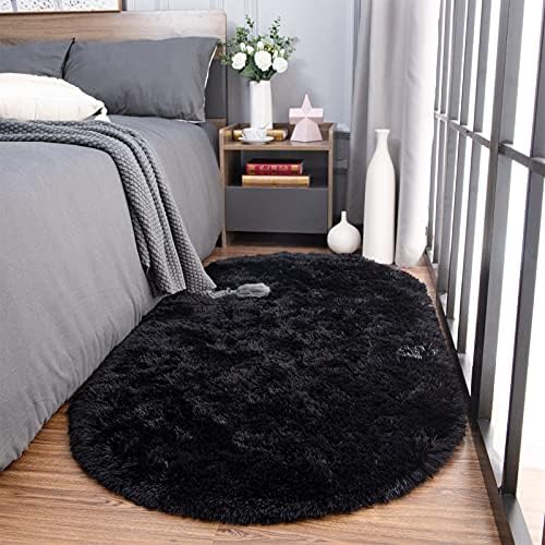Noahas 2x5 Black Fluffy Soft Oval Rug Non-Slip for Bedroom Dorm Hallway - Image 3