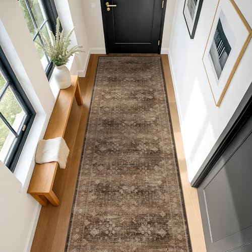 Hazo Haus Brown Neutral Boho Washable 3x12 Extra Long Hallway Runner Rug, Waterproof Large Kitchen Floor Rug Indoor, Non-Slip Stain & Fade Resistant, Vintage Dark Earthy Taupe Decor - Image 3