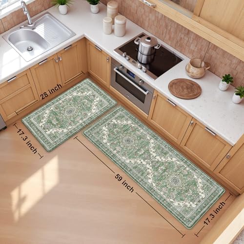 Boho Kitchen Mats for Floor 2PC Anti Fatigue Kitchen Rugs, Spring Green - Image 2