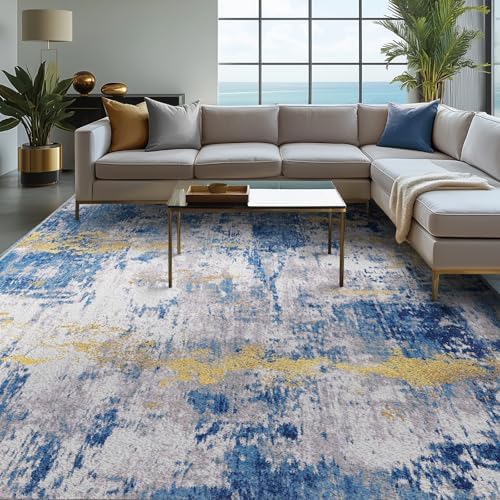 RELEANY Washable 9'x12' Abstract Area Rug for Living Room Blue Gold by RELEANY