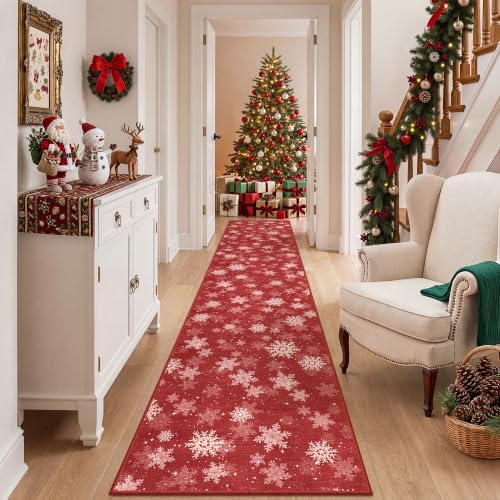 2x10 Christmas Runner Rug for Hallway,Washable Kitchen Rugs,Red - Image 3
