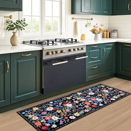 PLHXFR 2x5 Washable Runner Rug：Floral Indoor Kitchen Soft Carpet Black - Image 5