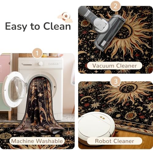 Vacuum-Friendly, Square 8ft Washable Area Rug, Black Gold Beige Red - Image 4