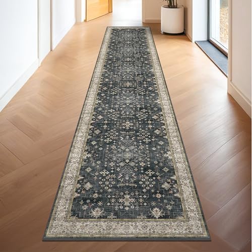 Black Boho Washable 2x10 Hallway Runner Rug - Extra Long Runners for Kitchen, Bathroom, Stair, Non-Slip Floor Carpet Rugs for Large Entryway Indoor, Vintage Multi Ashen Floral Decor by HazoHaus