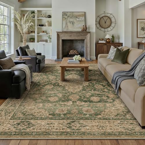 HUGEAR 10x14 Green Retro Floral Washable Area Rug for Living Room by HUGEAR
