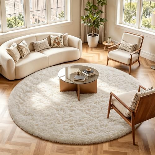 Ophanie Round Rugs 8Ft Ivory Circle Area Rug, Large Living Room Aesthetic Decor, Fluffy Fuzzy Bedroom Big Carpet,Plush Soft Shaggy Cream for Kids Home Nursery with Over 99 pcs Pile fibers - Image 3