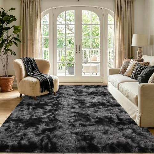 4x6 Tie-dye Dark Grey Fluffy Soft Area Rug Non-Slip for Bedroom Living Room - Image 2
