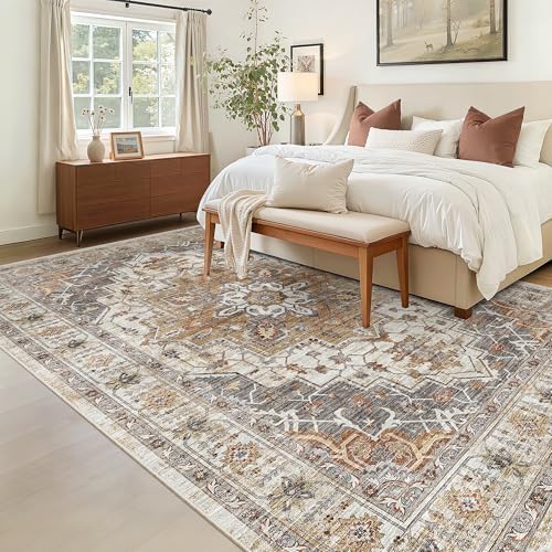 Madane 6x9 Area Rugs for Living Room, Vintage Washable Rug, Turmeric/Grey - Image 2