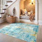 Entryway Rug 3x4 Teal Blue Bedroom Area Rug Washable Non Slip Abstract Boho Rugs for Indoor Entry, Kitchen, Classroom, Bathroom, Kids Girls Room, Office, College Dorm Small Carpet by OmpaaHomeDecor