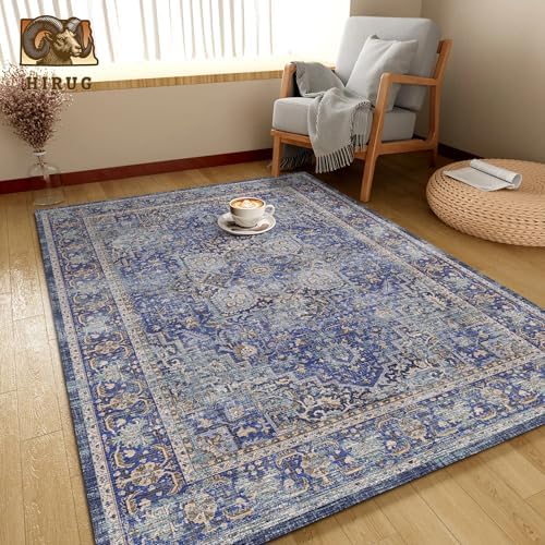 Washable Area Rug 6' x 9' Vintage Traditional Persian Mat - Foldable Distressed Non-Slip Machine Washable Carpet for Living Room Bedroom Kitchen Home Decor - Indigo and Gold - Image 4