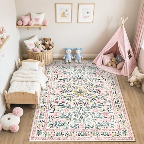 PLHXFR Area Rug Living Room: 5x7 Floral Washable Boho Carpet Pink Green - Image 5