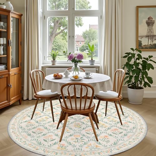PLHXFR Round Area Rug Living Room: 4 ft Floral Washable Carpet Beige Multi - Image 4